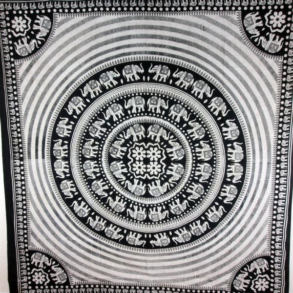 Black & White Elephant Mandala With Self Design Tapestry