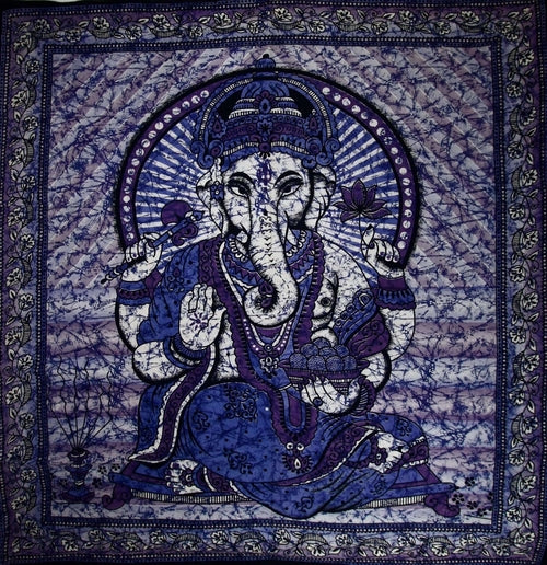 Blue Ganesha Holding Lotus Flower in Batik Style Tie Dye Tapestry