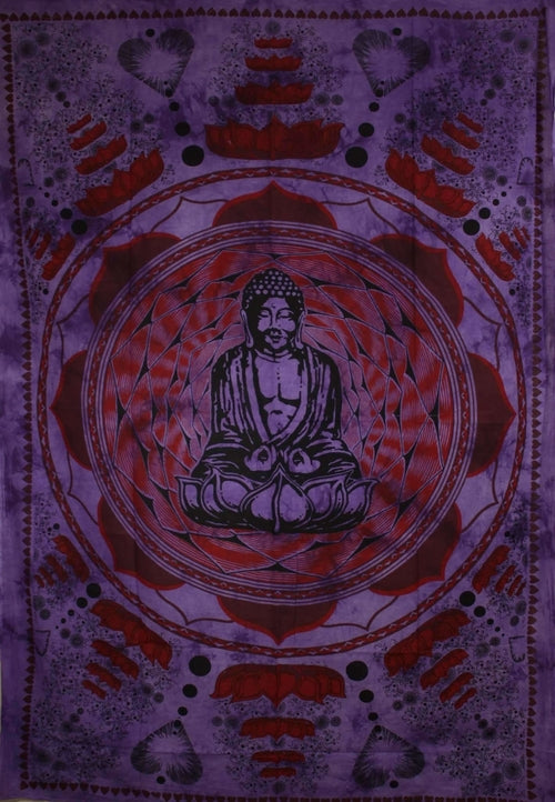 Purple Buddha In Dharma Chakra Mudra On A Lotus Flower Tapestry