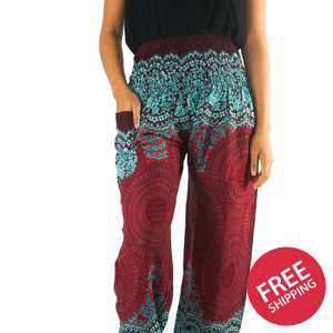 Burgundy FLORAL MANDALA Women Boho & Hippie Harem Pants