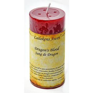 Dragin's Blood scented Lailokens Awen candle 4"