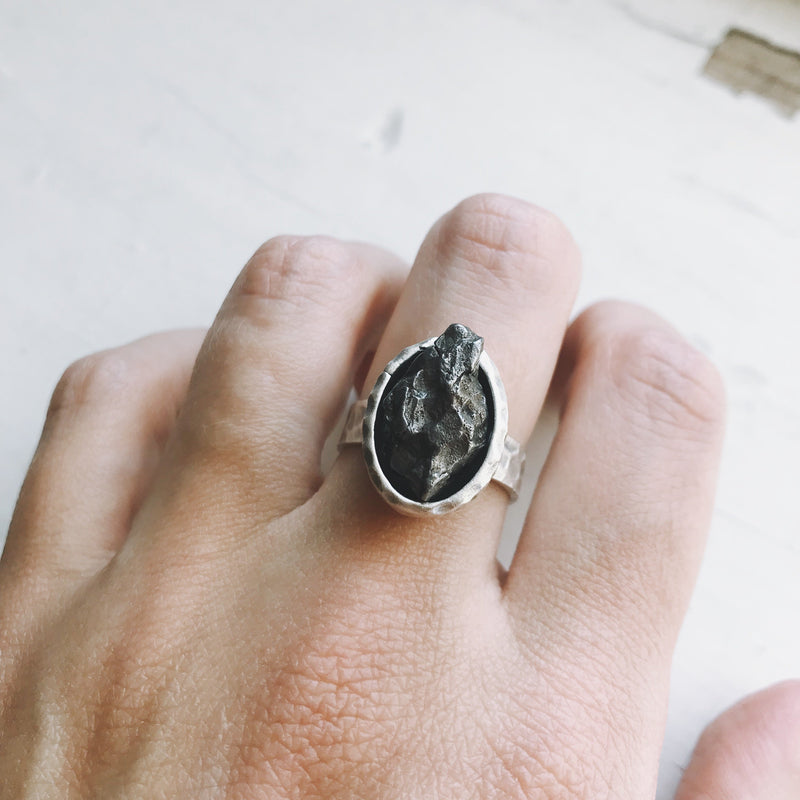 Oval Raw Campo del Cielo Meteorite Ring in Silver Plated brass