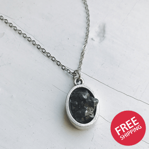 Oval Raw Meteorite Pendant Necklace in Matte Brushed Silver Plated brass