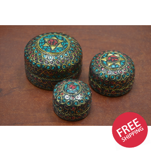 Handmade Turquoise Coral Nepal Trinket Boxes 3 Pcs