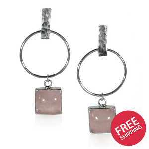 Hammered Geometric Hoop and Rose Charm Sterling Silver Earrings