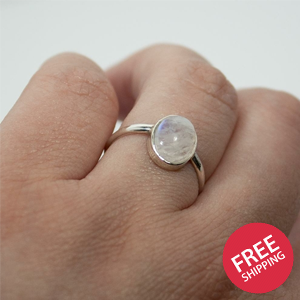 Rainbow Moonstone Open Bezel Sterling Silver Ring