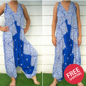 Blue Floral Boho Hippie Jumpsuits,