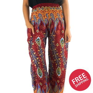 Burgundy Peacock Women Boho & Hippie Harem Pants