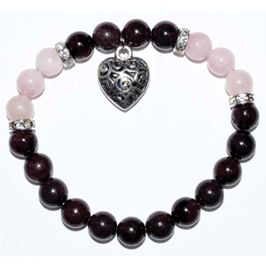 Garnet / Rose Quartz with Heart Bracelet 8mm