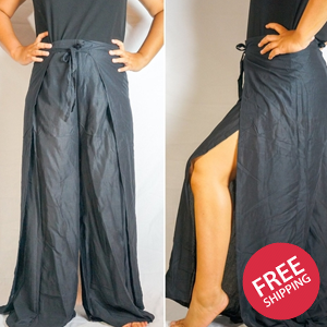 Solid Black Palazzo Wrap Pants, Hippie & Boho Style