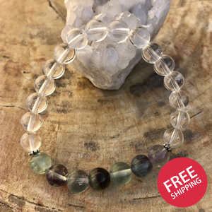 Rainbow Fluorite & Crystal Quartz Stretch Bracelet! Natural Gemstones!