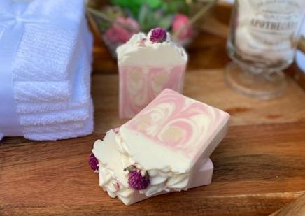 Berry Clean Cherry Bomb Cold Process Soap with Flower embed