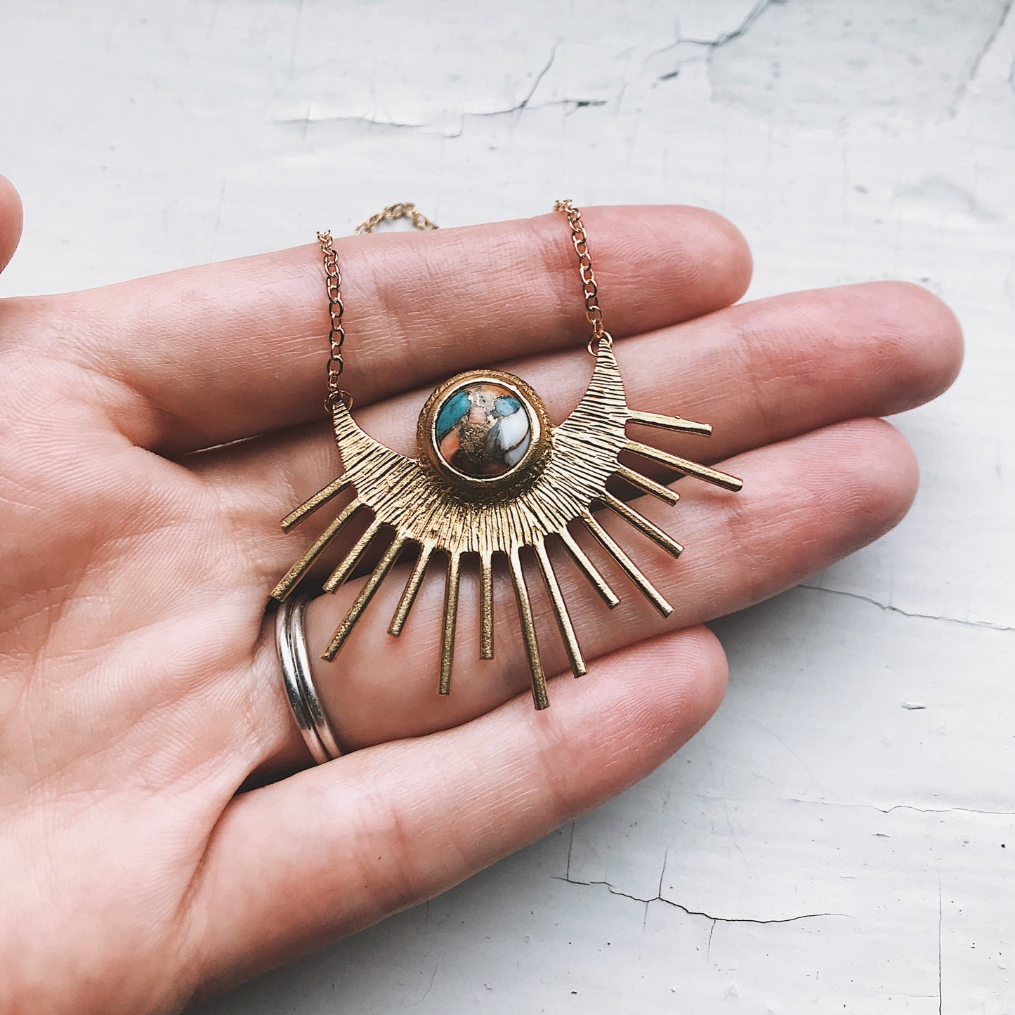 Sun Goddess Necklace - Gold Sun Pendant with Copper Oyster Turquoise