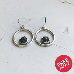 Circle Silver Earrings with Raw Campo del Cielo Meteorite