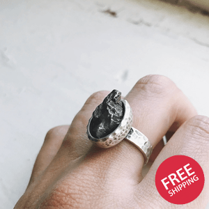 Oval Raw Campo del Cielo Meteorite Ring in Silver Plated brass