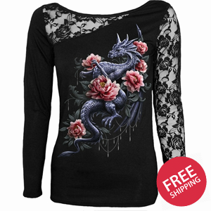 DRAGON ROSE SLANT - Lace One Shoulder Top Black