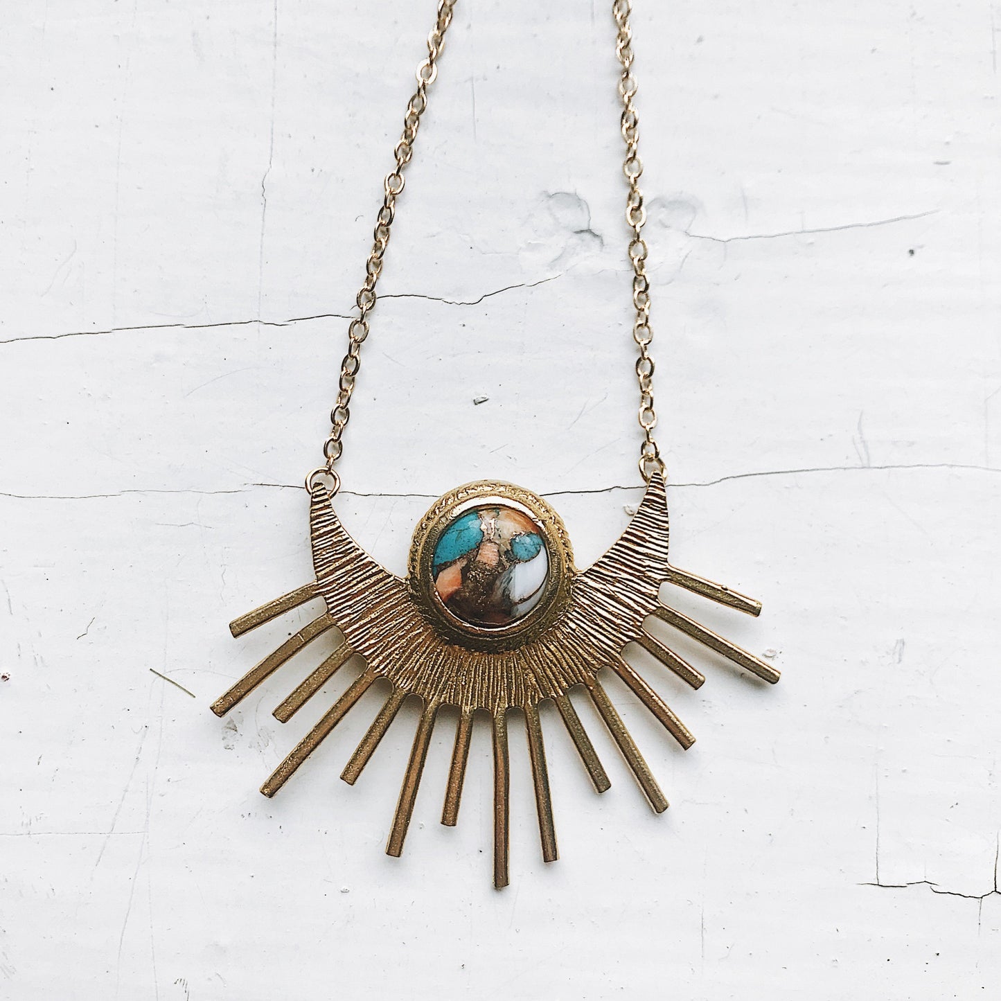 Sun Goddess Necklace - Gold Sun Pendant with Copper Oyster Turquoise