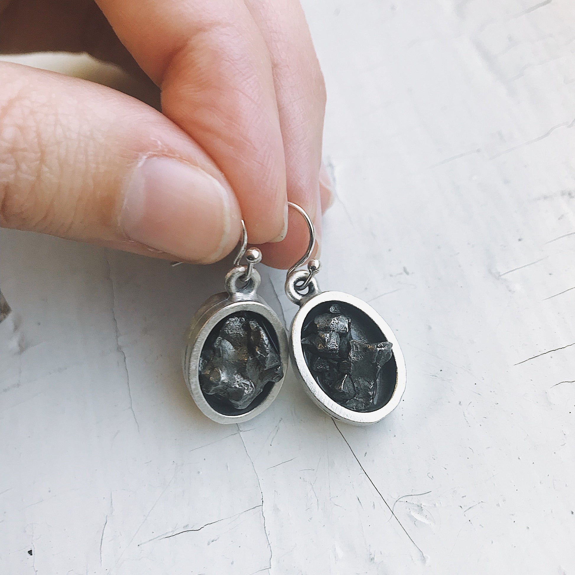 Oval Dangle Earrings w/ Raw Campo del Cielo Meteorite