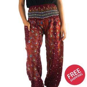 Burgundy PEACOCK Women Boho & Hippie Harem Pants