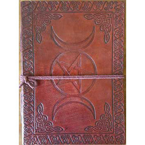 Triple Moon Pentagram leather blank book w/cord 5" x 7" - Wiccan Place