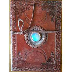 Triple Moon w/ Stone Embossed blank leather journal w/ cord 5" x 7" - Wiccan Place