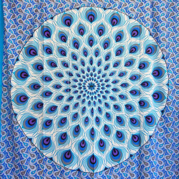 Blue Geometric Design Peacock Tapestry
