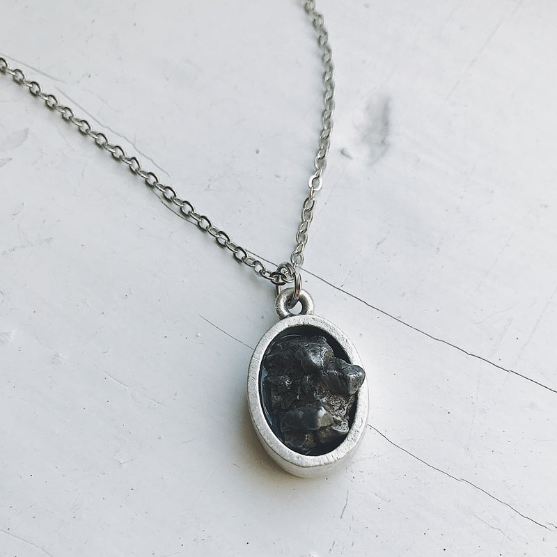 Oval Raw Meteorite Pendant Necklace in Matte Brushed Silver Plated brass