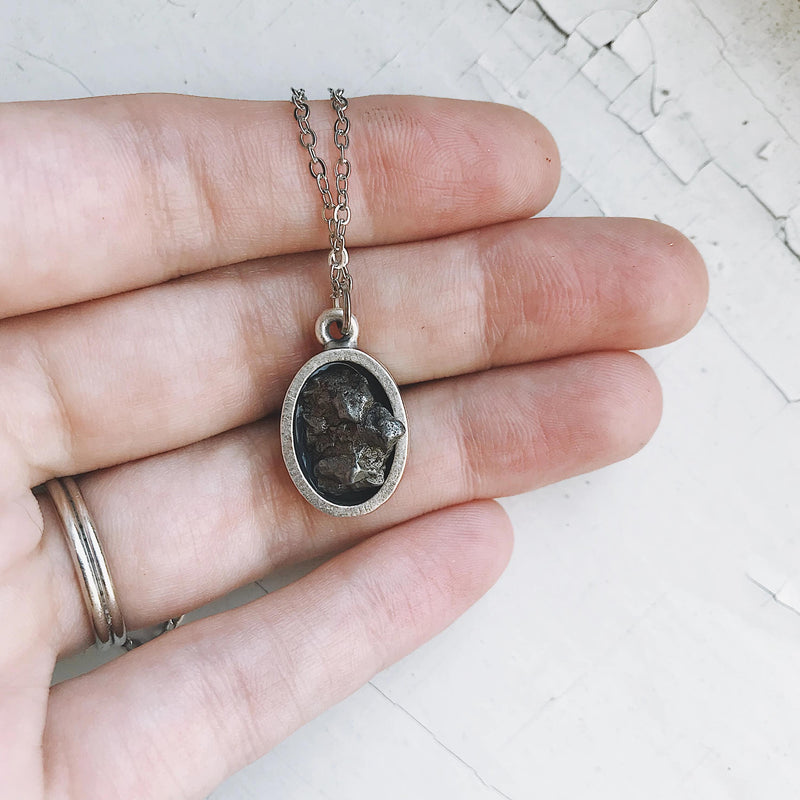 Oval Raw Meteorite Pendant Necklace in Matte Brushed Silver Plated brass