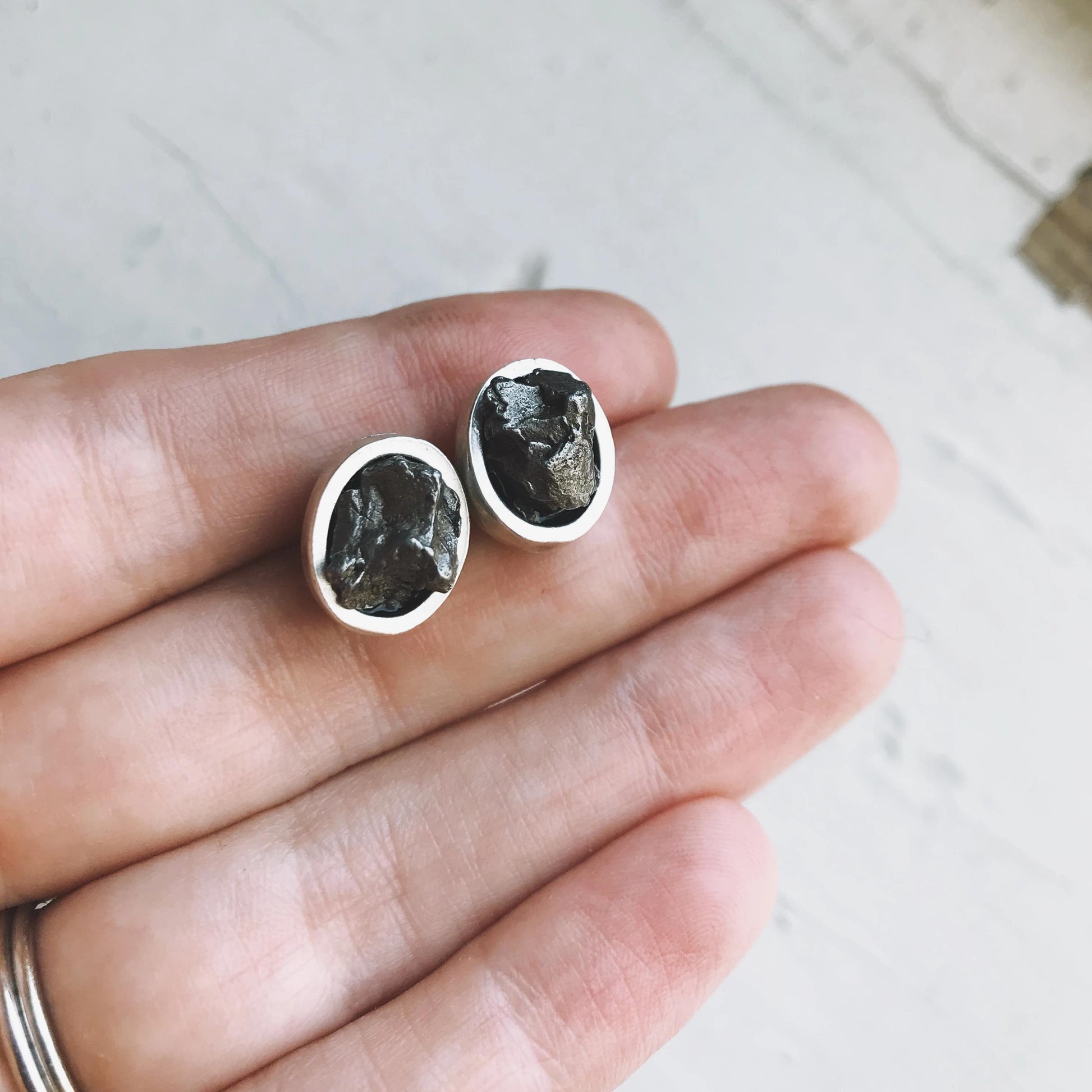 Oval Raw Meteorite Small Stud Earrings