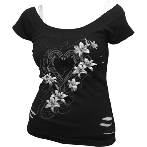 PURE OF HEART - 2in1 White Ripped Top Black