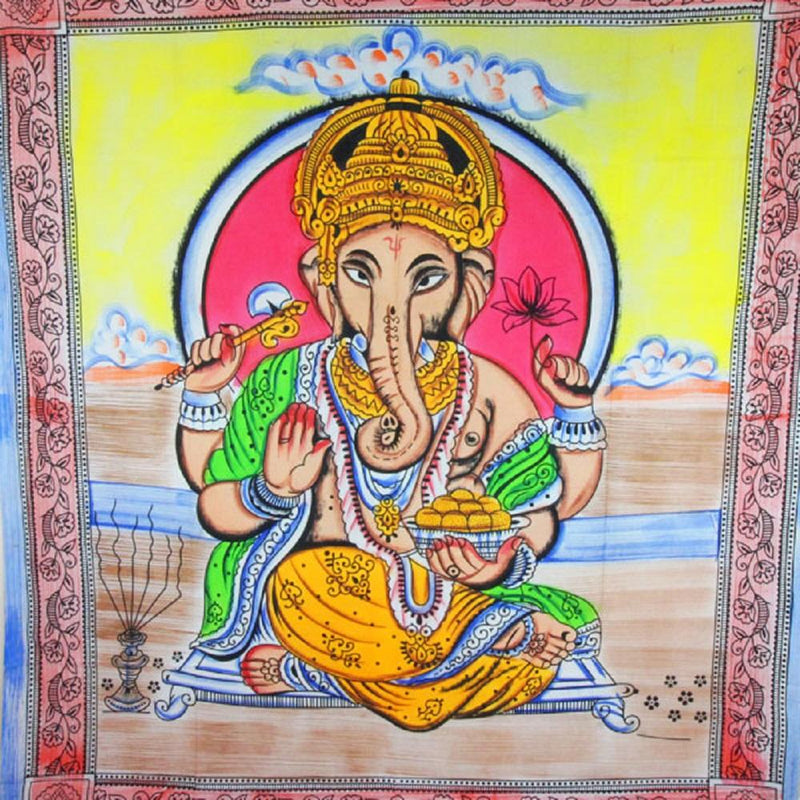 Ganesha Holding Lotus Flower In Pastels With Tassels Tapestry with Red