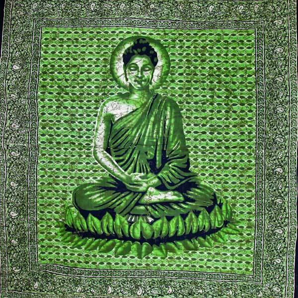 Green Buddha In Meditation Batik Style Tapestry