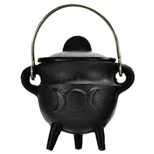 Triple Moon cast iron cauldron w/ lid 2 3/4" - Wiccan Place