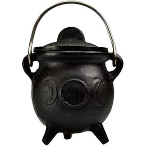 Triple Moon cast iron cauldron w/ lid 3" - Wiccan Place