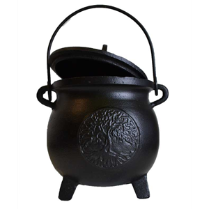 Tree of Life cast iron cauldron w/ lid 6" - Wiccan Place