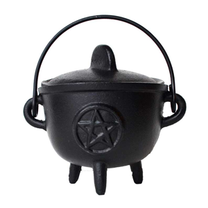 Cast iron cauldron w/ lid Pentagram 5" - Wiccan Place