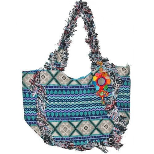 IKAT Print Cotton Fabric Fringe Pattern Tote Bag with Mirror Accessory