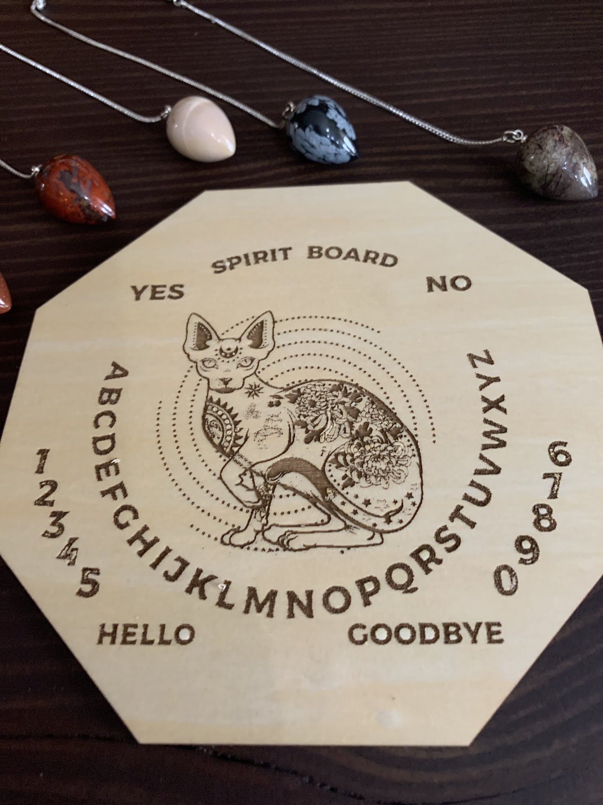 Wood Mystic Cat Pendulum Spirit Board