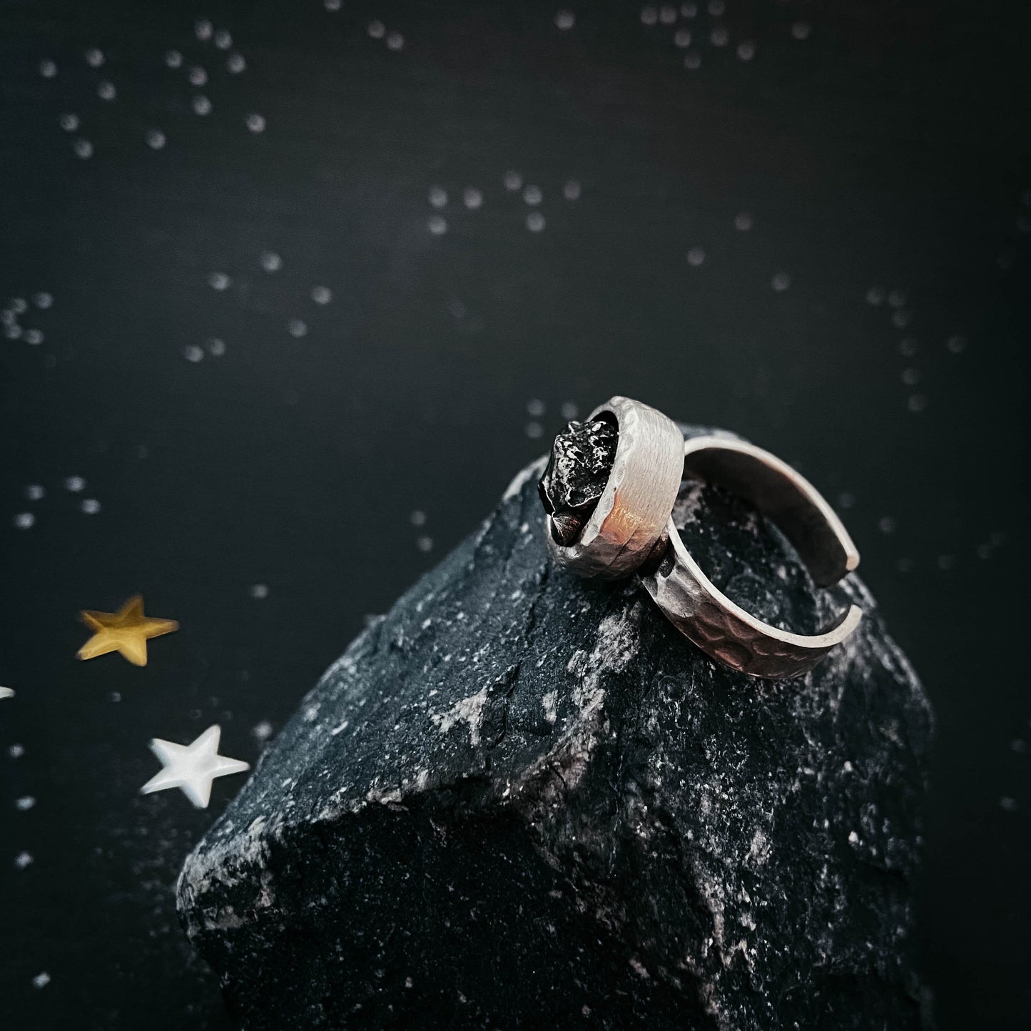 Chunky Round Raw Meteorite Ring in Silver