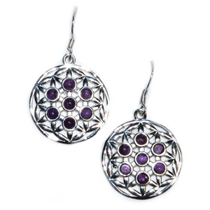 Sterling Silver Flower of Life Amethyst earrings 22mm - Wiccan Place