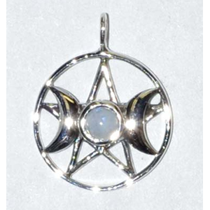 Triple Goddess Pentagram Moonstone sterling silver pendant 11/16" - Wiccan Place