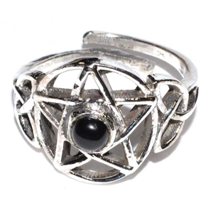 Pentacle black stone Sterling Silver adjustable ring - Wiccan Place