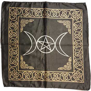 Triple Moon Pentagram altar cloth 18"x 18" Black rayon - Wiccan Place