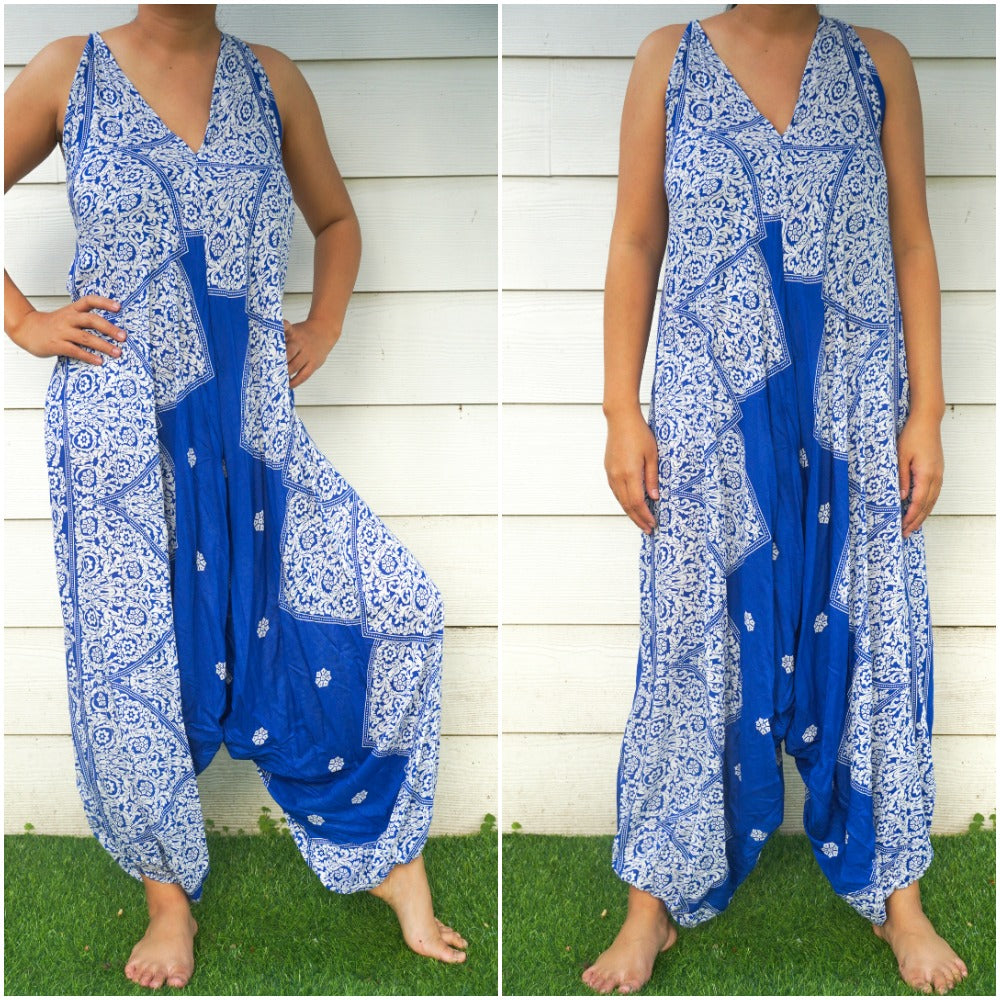 Blue Floral Boho Hippie Jumpsuits,