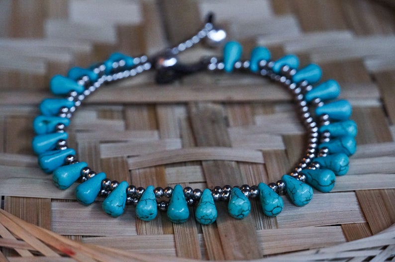 Turquoise Color Teardrop Bead Boho Silver Tone Anklet -