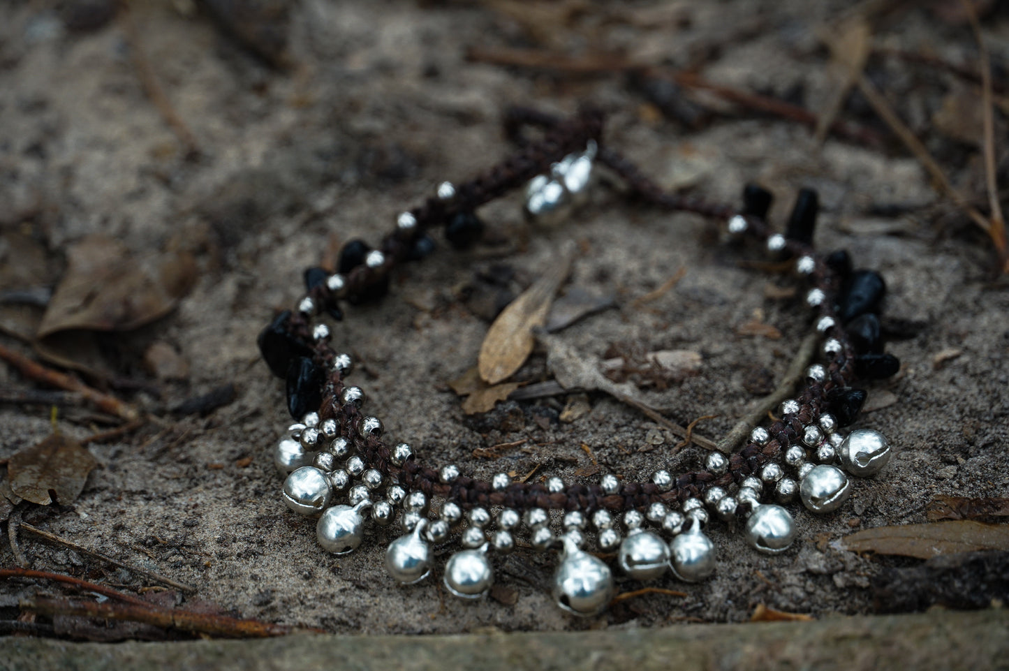 Black Silver Tone Bells Boho Anklet