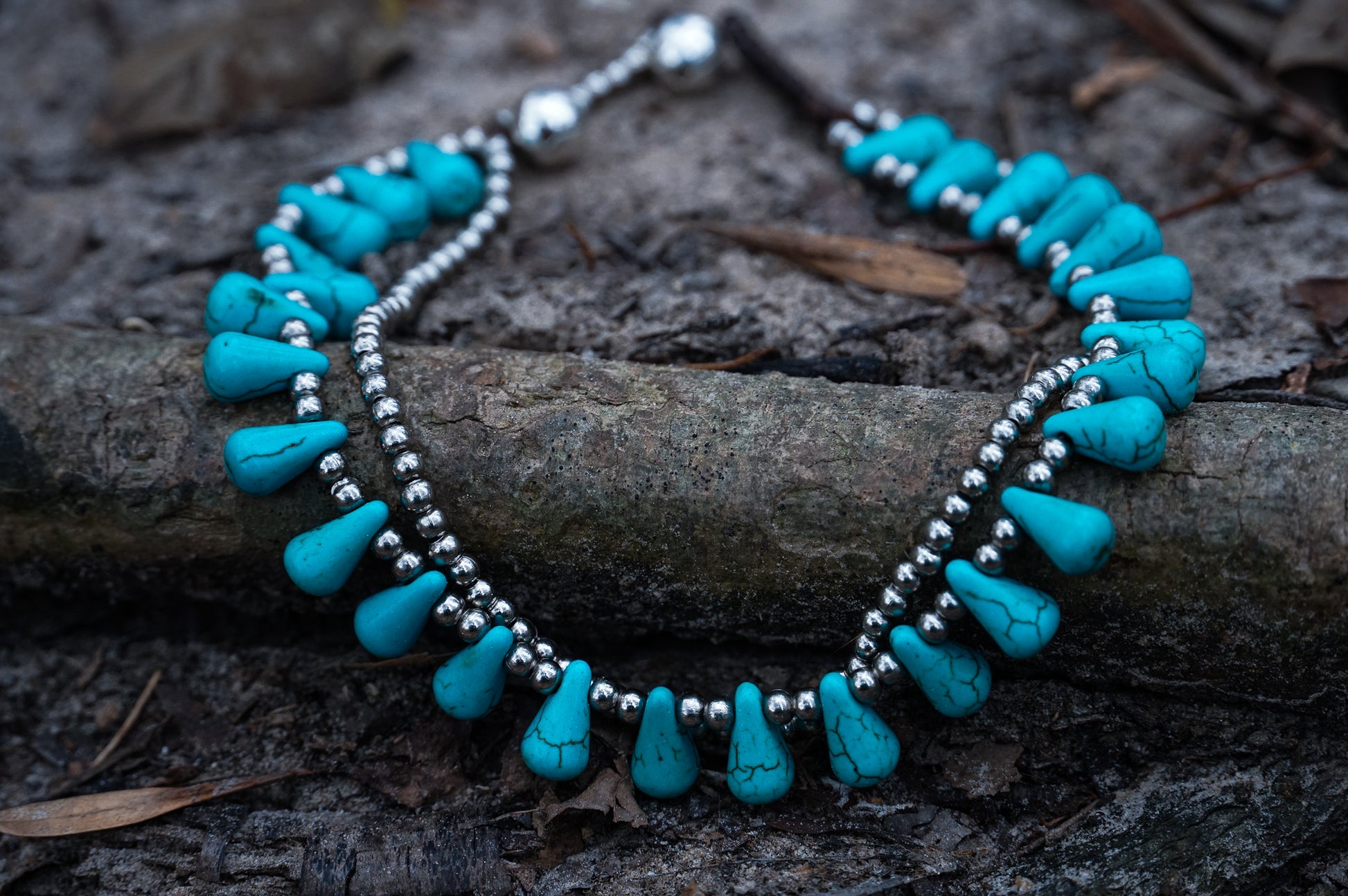 Turquoise Color Teardrop Bead Boho Silver Tone Anklet -