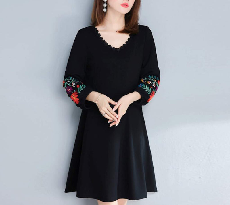 Womens V Neck Dress with Embroidered Sleeves