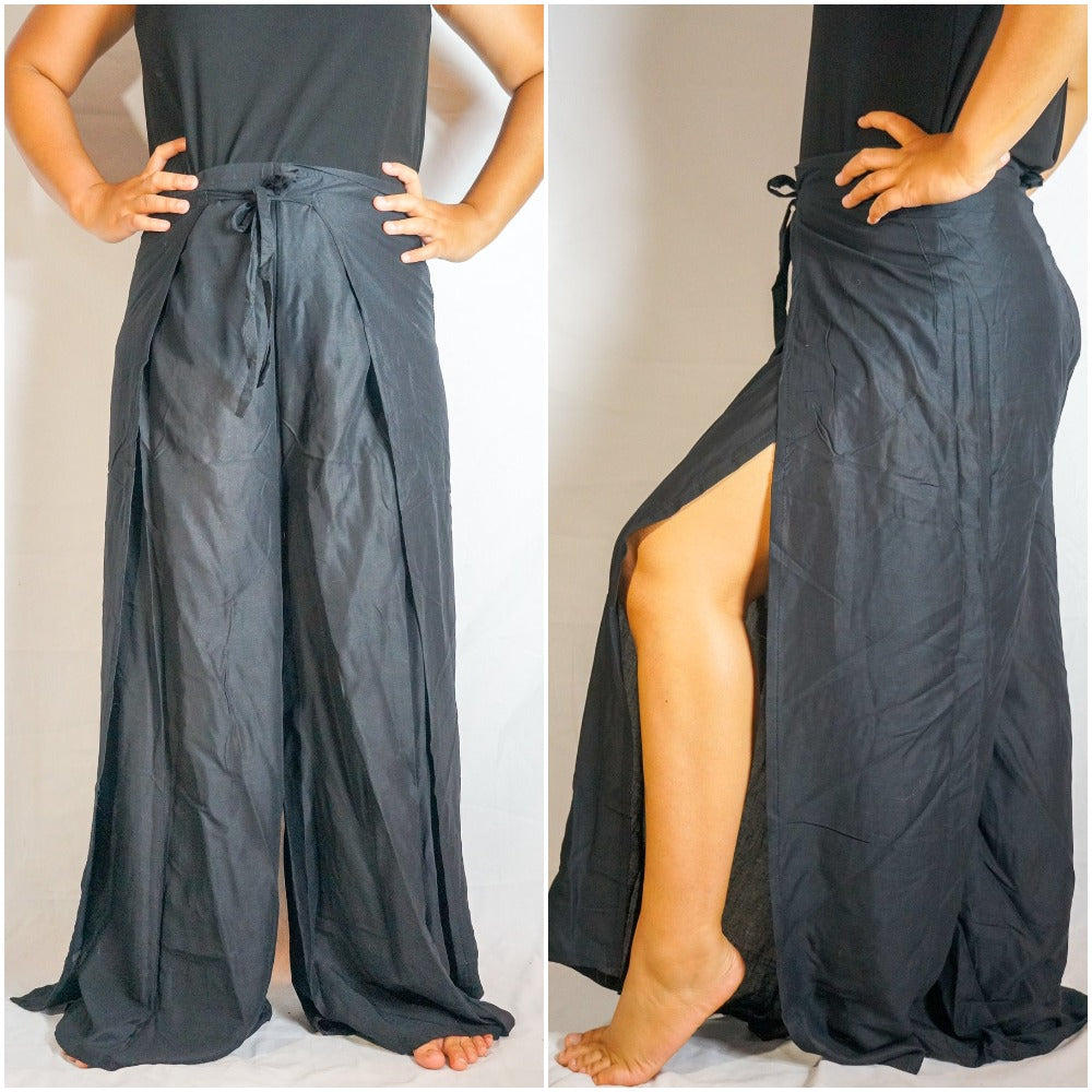 Solid Black Palazzo Wrap Pants, Hippie & Boho Style