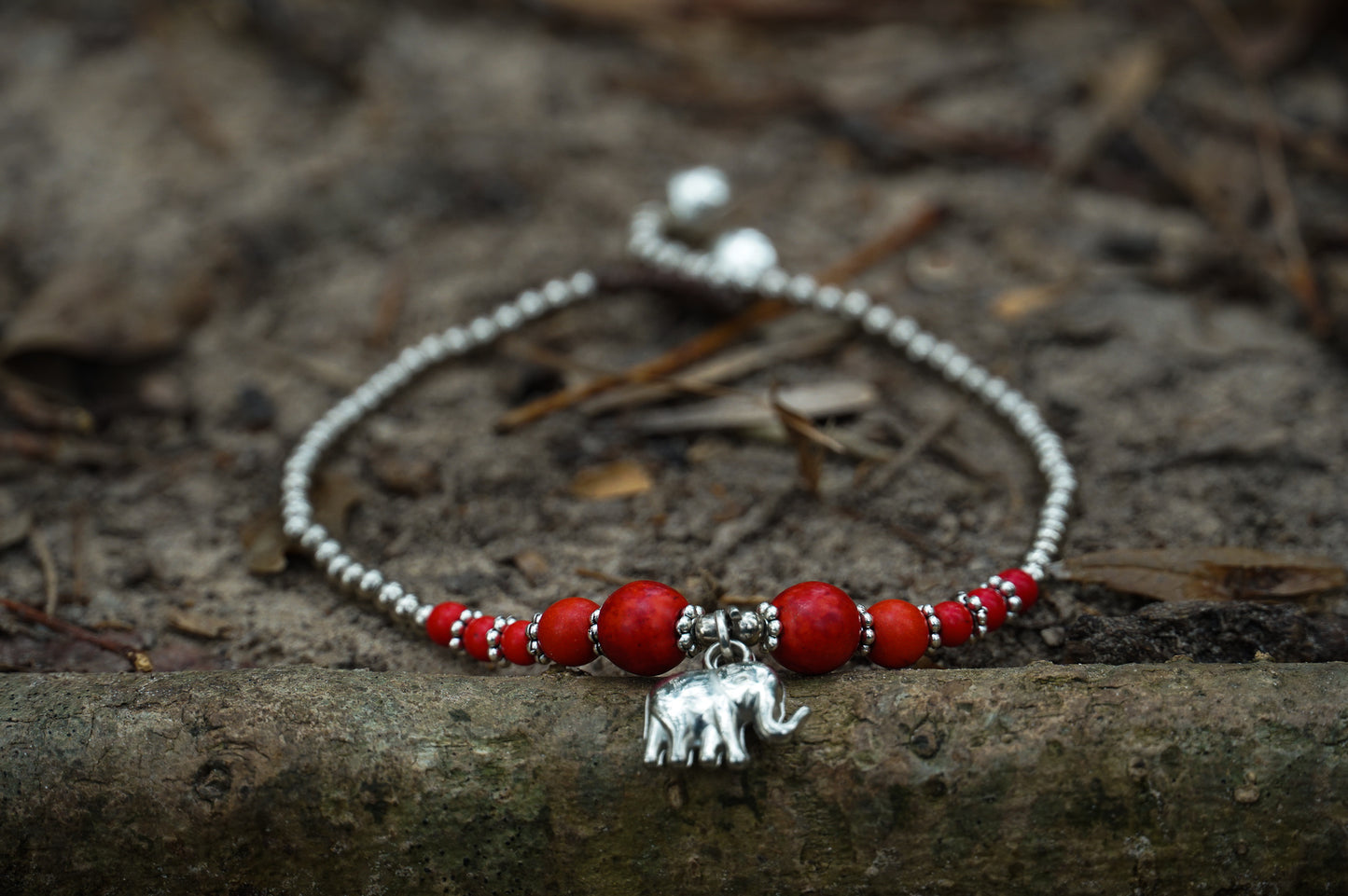 Red Elephant Pendant Boho Silver Anklet - Bracelets &